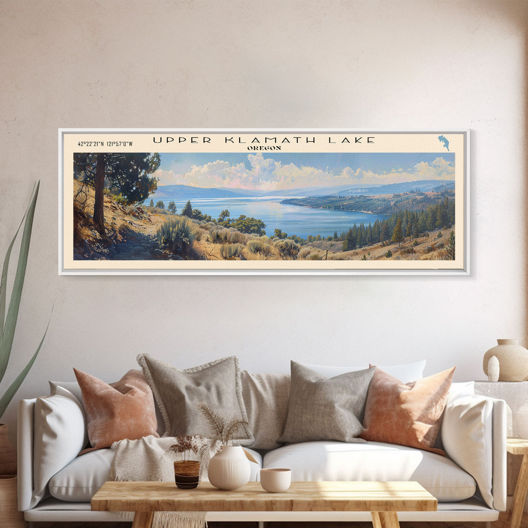 Upper Klamath Lake Oregon Panoramic Wall Art, Framed Canvas Print, Lake House Decor, Travel Poster, Scenic Lake Scene, Bedroom Decor