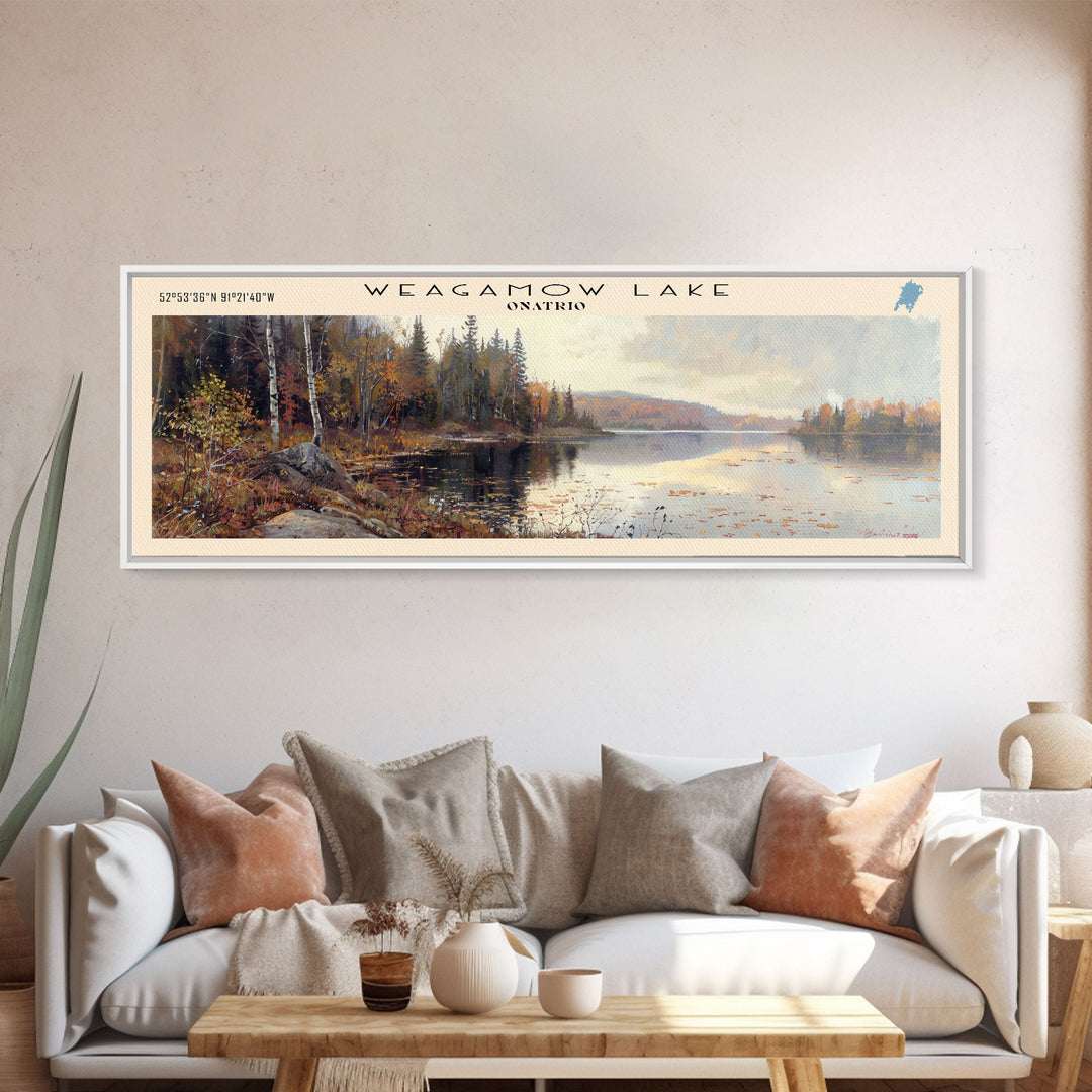 Weagamow Lake Panoramic Wall Art, Framed Canvas Print, Lake House Decor, Travel Poster, Scenic Lake Scene, Living Room Art