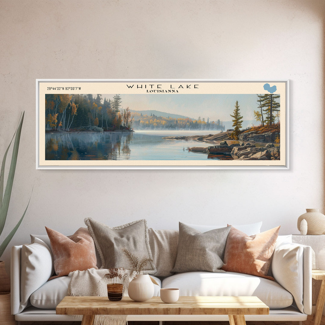 White Lake Panoramic Wall Art, Framed Canvas Print, Lake House Decor, Travel Poster, Scenic Lake Scene, Living Room Art