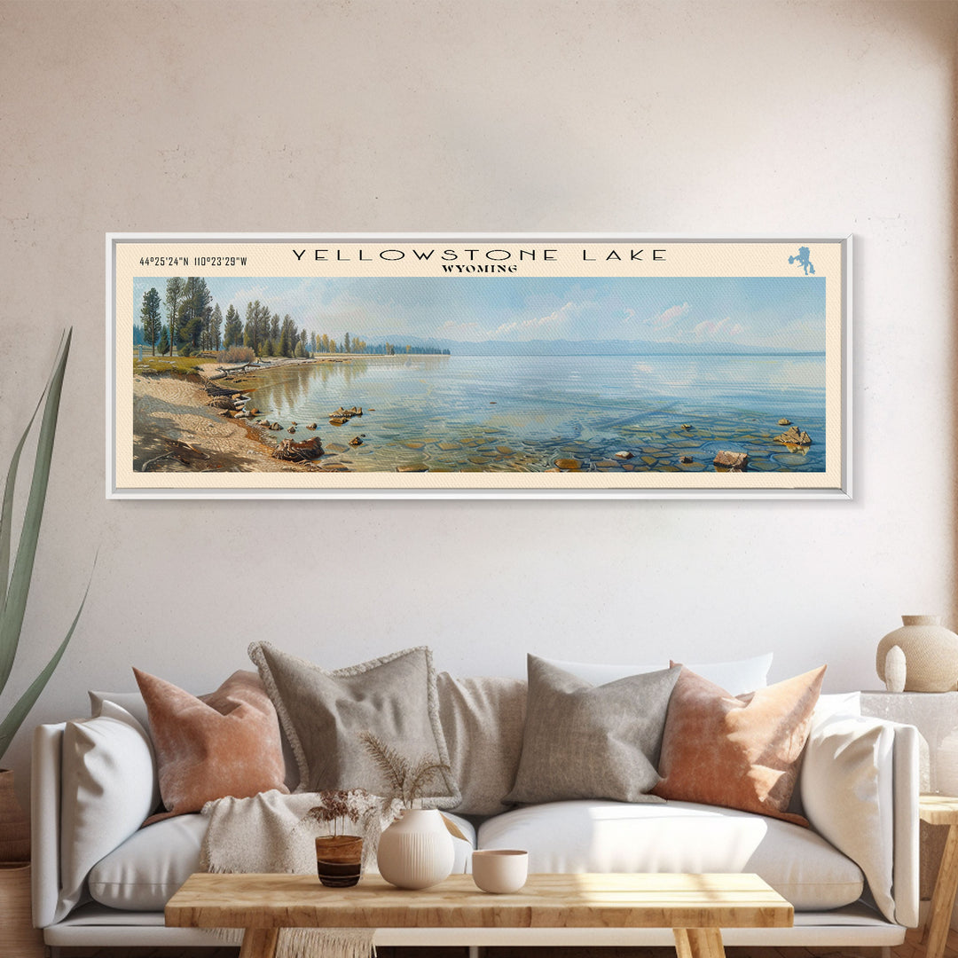 Yellowstone Lake Panoramic Wall Art, Framed Canvas Print, Lake House Decor, Travel Poster, Beautiful Lake Scene, Living Room Decor