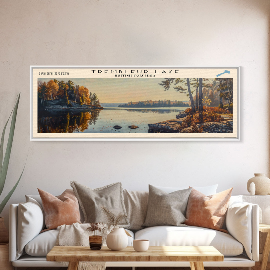 Trembleur Lake Panoramic Wall Art, Framed Canvas Print, Lake House Decor, Travel Poster, Scenic Lake Scene, Living Room Art