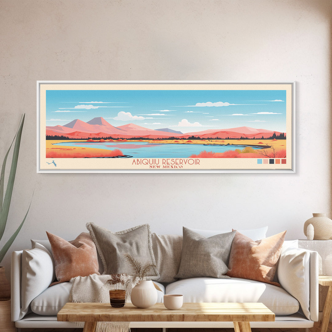 Abiquiu Reservoir New Mexico Framed Canvas Print, Panoramic Wall Art, Midcentury Modern, Pop Art, Travel Poster, Living Room Art