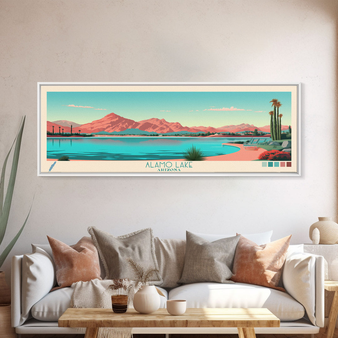 Alamo Lake Arizona Framed Canvas Print, Panoramic Travel Poster, Midcentury Modern Wall Art, Pop Art, Scenic Bedroom Art