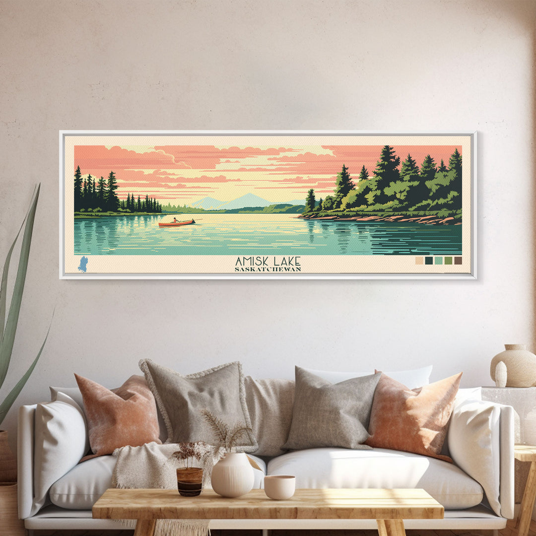 Amisk Lake Saskatchewan Framed Canvas Print, Panoramic Wall Art, Midcentury Modern, Pop Art, Travel Poster, Scenic Living Room Art