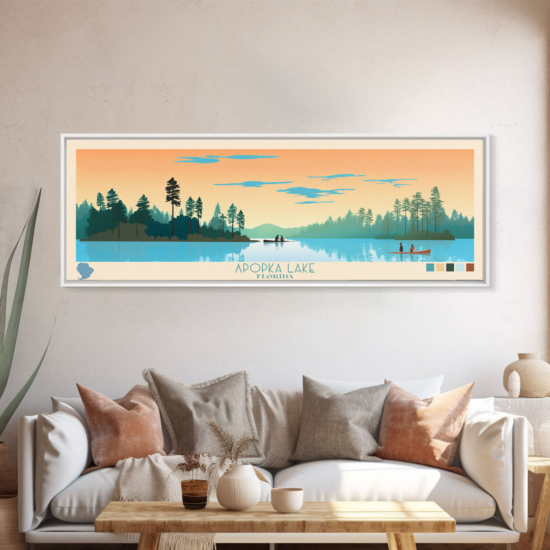 Apopka Lake Florida Framed Canvas Print, Panoramic Travel Poster, Midcentury Modern Wall Art, Pop Art, Nature Living Room Art