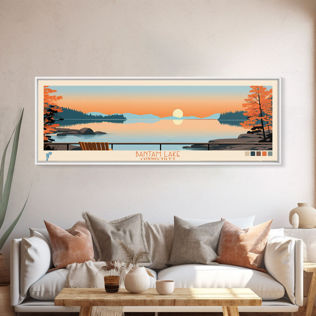 Bantam Lake Connecticut Framed Canvas Print, Panoramic Wall Art, Midcentury Modern, Pop Art, Travel Poster, Scenic Living Room Art