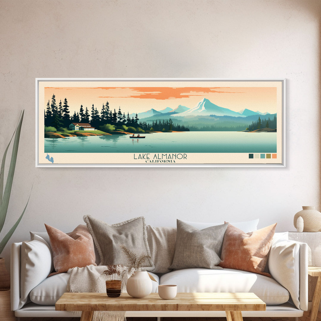 Lake Almanor California Framed Canvas Print, Panoramic Art, Midcentury Modern, Pop Art, Living Room Wall Art, Travel Poster, Lake House Decor