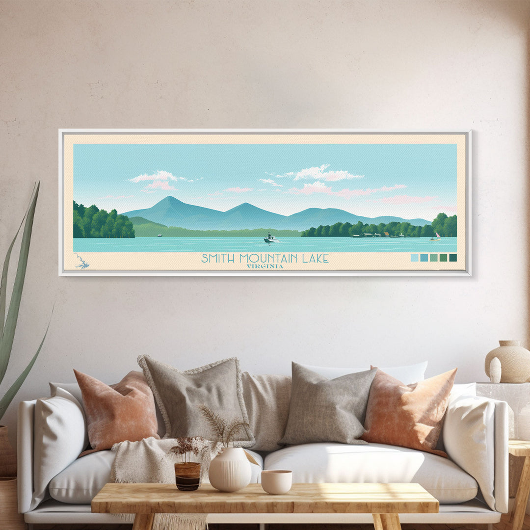 Smith Mountain Lake, Virginia Framed Canvas Print, Lake House Decor, Midcentury Modern Art, Pop Art, Travel Poster, Bedroom Wall Art