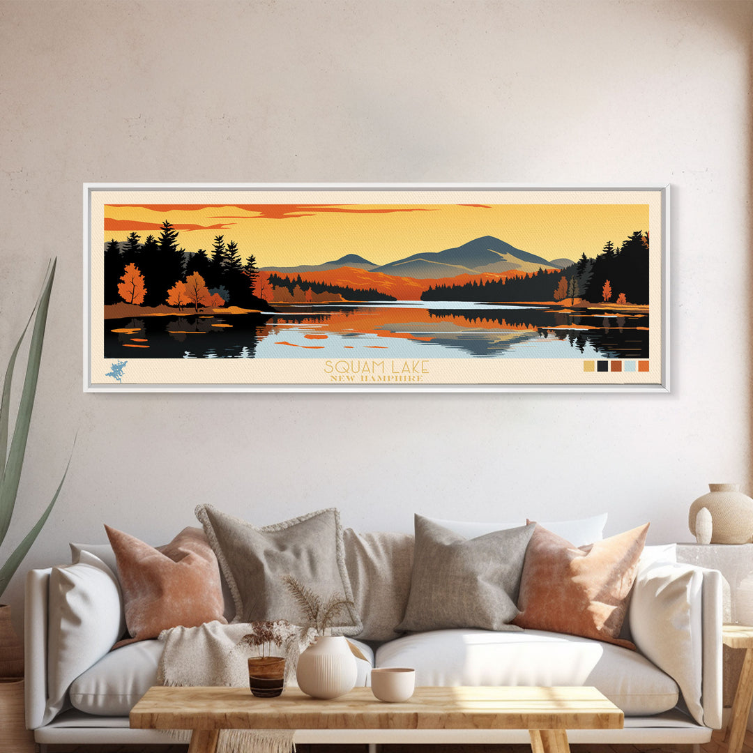 Squam Lake, New Hampshire Framed Canvas Print, Lake House Art, Midcentury Modern Decor, Pop Art, Travel Poster, Living Room Wall Art