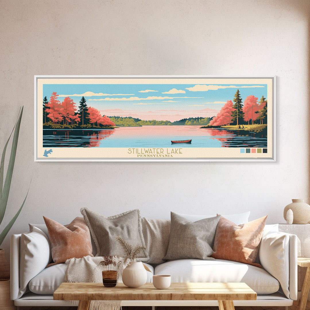 Stillwater Lake, Pennsylvania Framed Canvas Print, Lake House Decor, Midcentury Modern Art, Pop Art, Travel Poster, Bedroom Wall Art