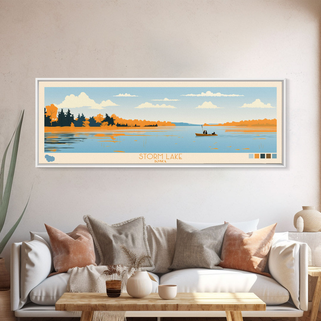 Storm Lake, Iowa Framed Canvas Print, Lake House Decor, Midcentury Modern Art, Pop Art, Travel Poster, Bedroom Wall Art