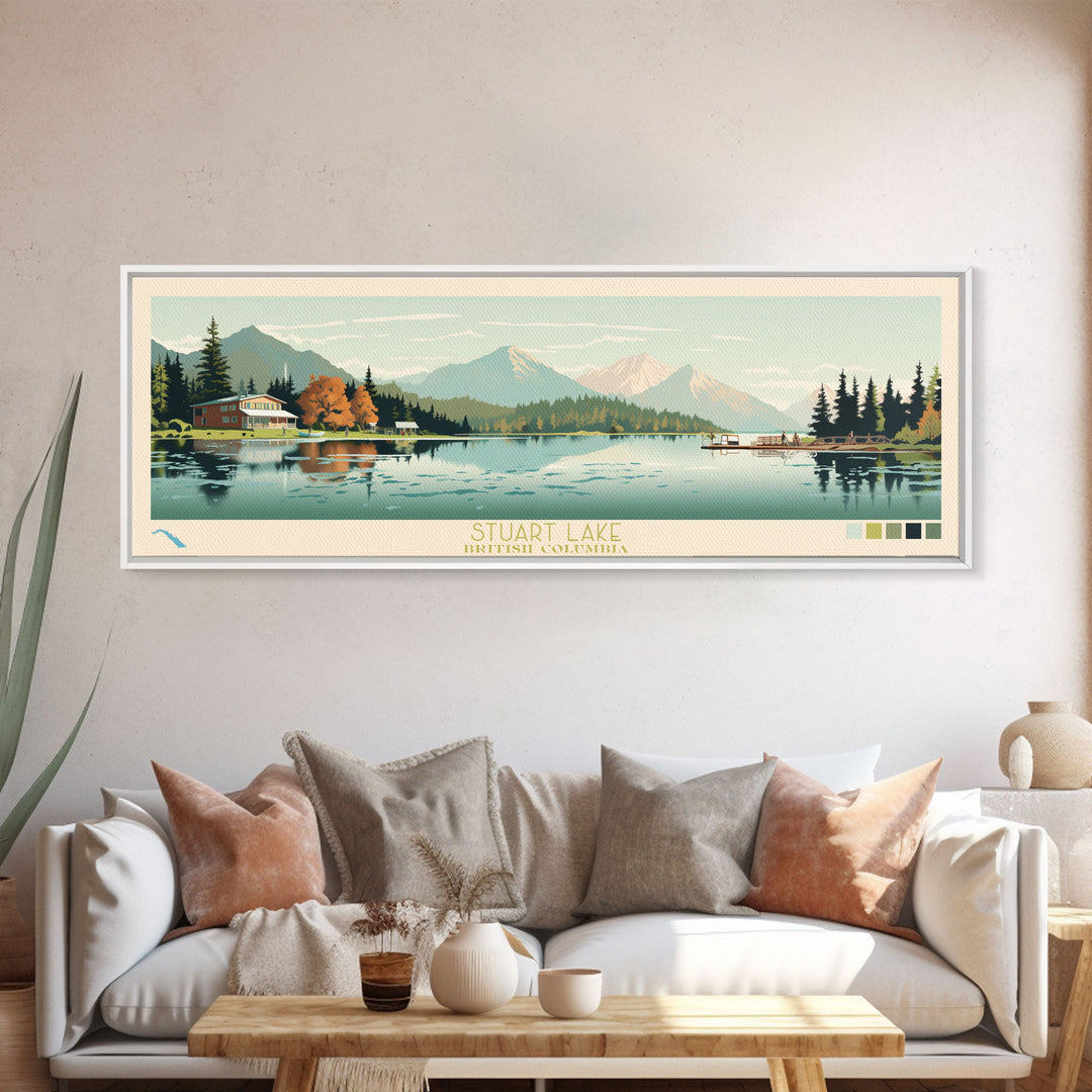 Stuart Lake, British Columbia Framed Canvas Print, Lake House Decor, Midcentury Modern Art, Pop Art, Travel Poster, Bedroom Wall Art