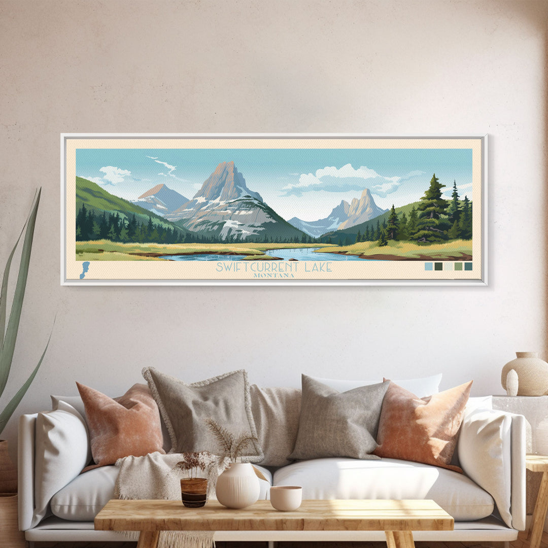 Swiftcurrent Lake, Montana Framed Canvas Print, Lake House Decor, Midcentury Modern Art, Pop Art, Travel Poster, Bedroom Wall Art