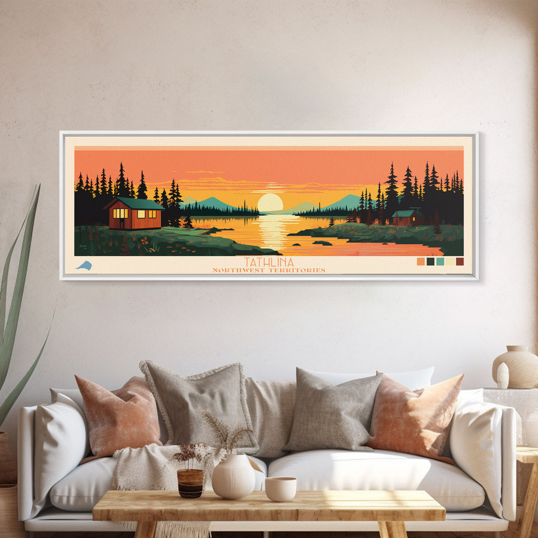 Tathlina Lake, Northwest Territories Framed Canvas Print, Lake House Art, Midcentury Modern Decor, Pop Art, Travel Poster, Wall Art