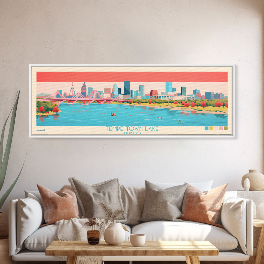 Tempe Town Lake, Arizona Framed Canvas Print, Lake House Art, Midcentury Modern Decor, Pop Art, Travel Poster, Bedroom Wall Art