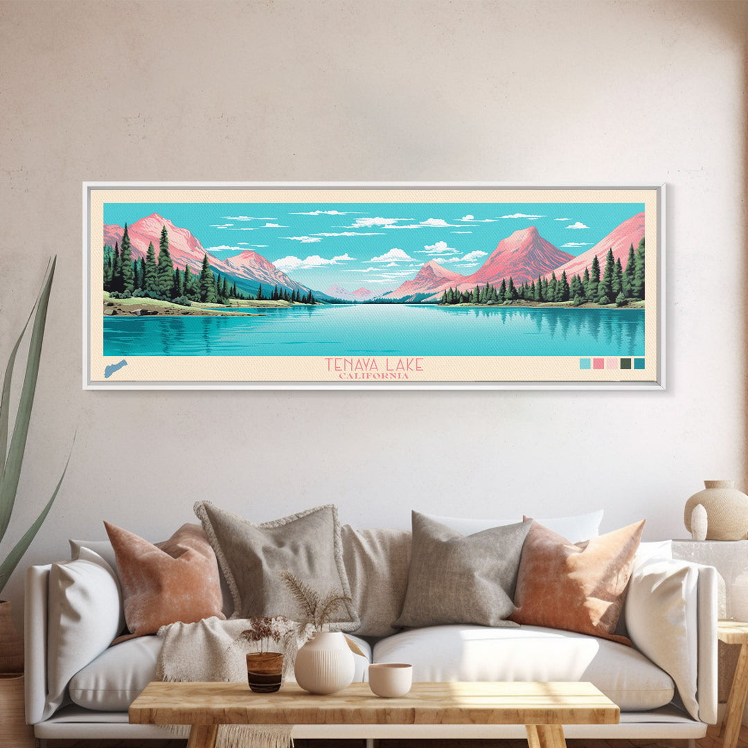 Tenaya Lake, California Framed Canvas Print, Lake House Decor, Midcentury Modern Art, Pop Art, Travel Poster, Living Room Wall Art