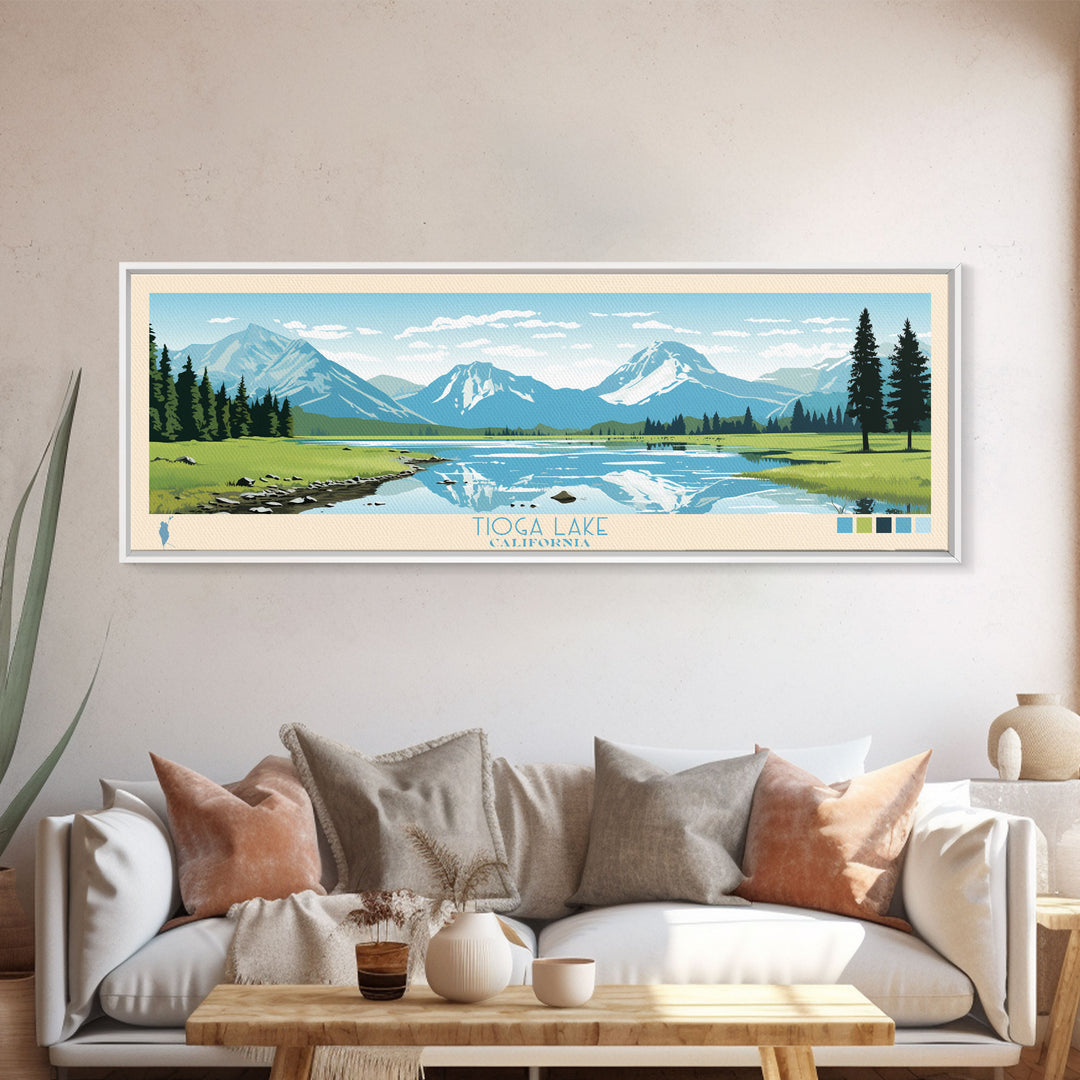 Tioga Lake, California Framed Canvas Print, Lake House Art, Midcentury Modern Decor, Pop Art, Travel Poster, Bedroom Wall Art