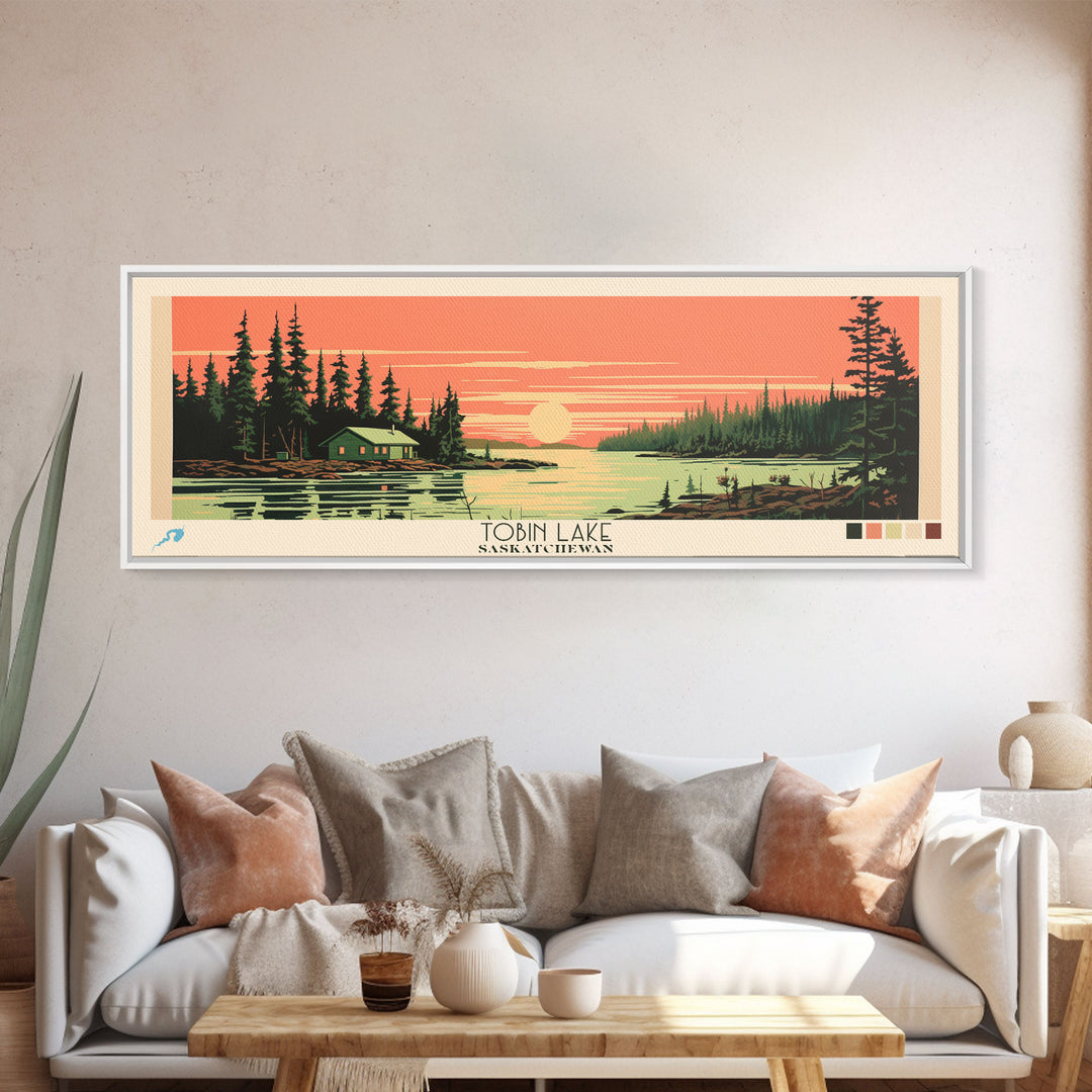 Tobin Lake, Saskatchewan Framed Canvas Print, Lake House Art, Midcentury Modern Decor, Pop Art, Travel Poster, Bedroom Wall Art