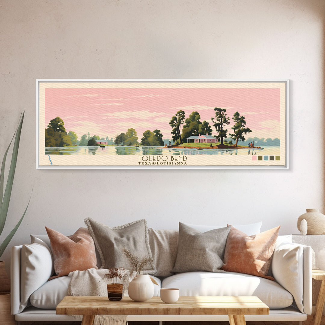 Toledo Bend Lake, Texas Louisianna Framed Canvas Print, Lake House Decor, Midcentury Modern Art, Pop Art, Travel Poster, Living Room Wall Art