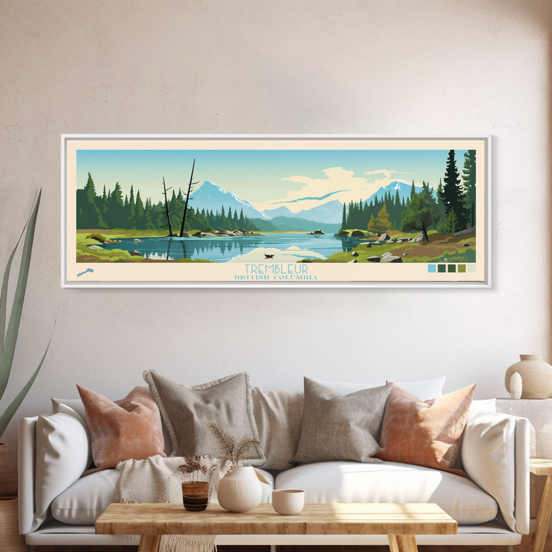 Trembleur Lake, British Columbia Framed Canvas Print, Lake House Art, Midcentury Modern Decor, Pop Art, Travel Poster, Bedroom Wall Art