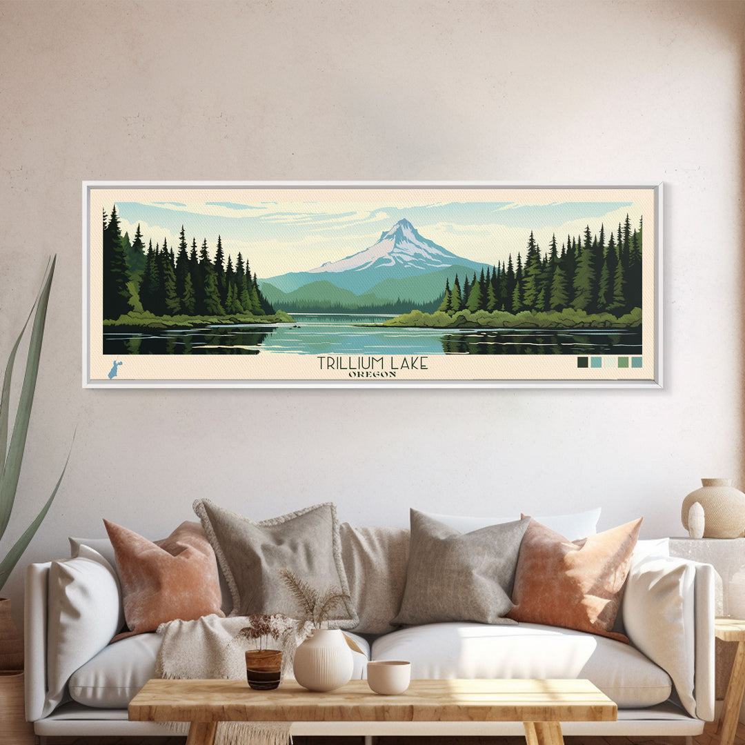 Trillium Lake, Oregon Framed Canvas Print, Lake House Art, Midcentury Modern Decor, Pop Art, Travel Poster, Bedroom Wall Art