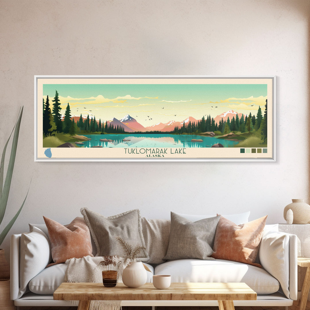 Tuklomarak Lake, Alaska Framed Canvas Print, Lake House Art, Midcentury Modern Decor, Pop Art, Travel Poster, Bedroom Wall Art