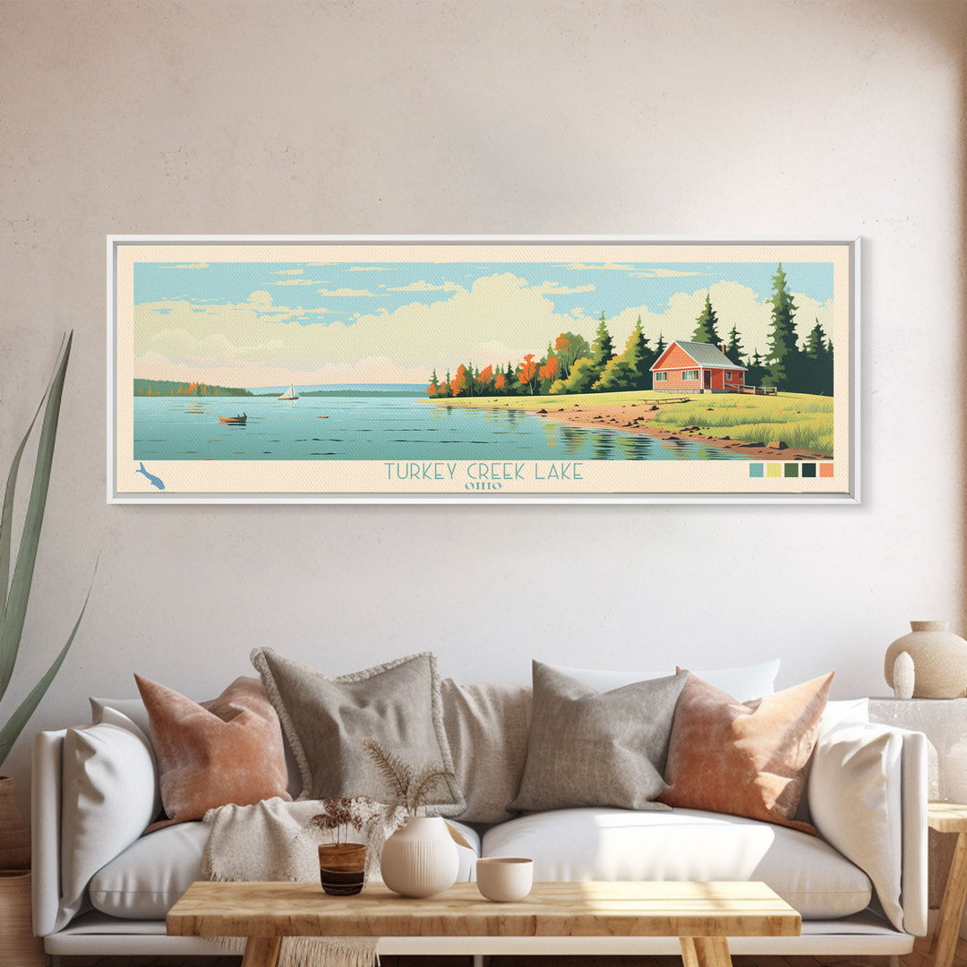 Turkey Creek Lake, Ohio Framed Canvas Print, Lake House Decor, Midcentury Modern Art, Pop Art, Travel Poster, Living Room Wall Art