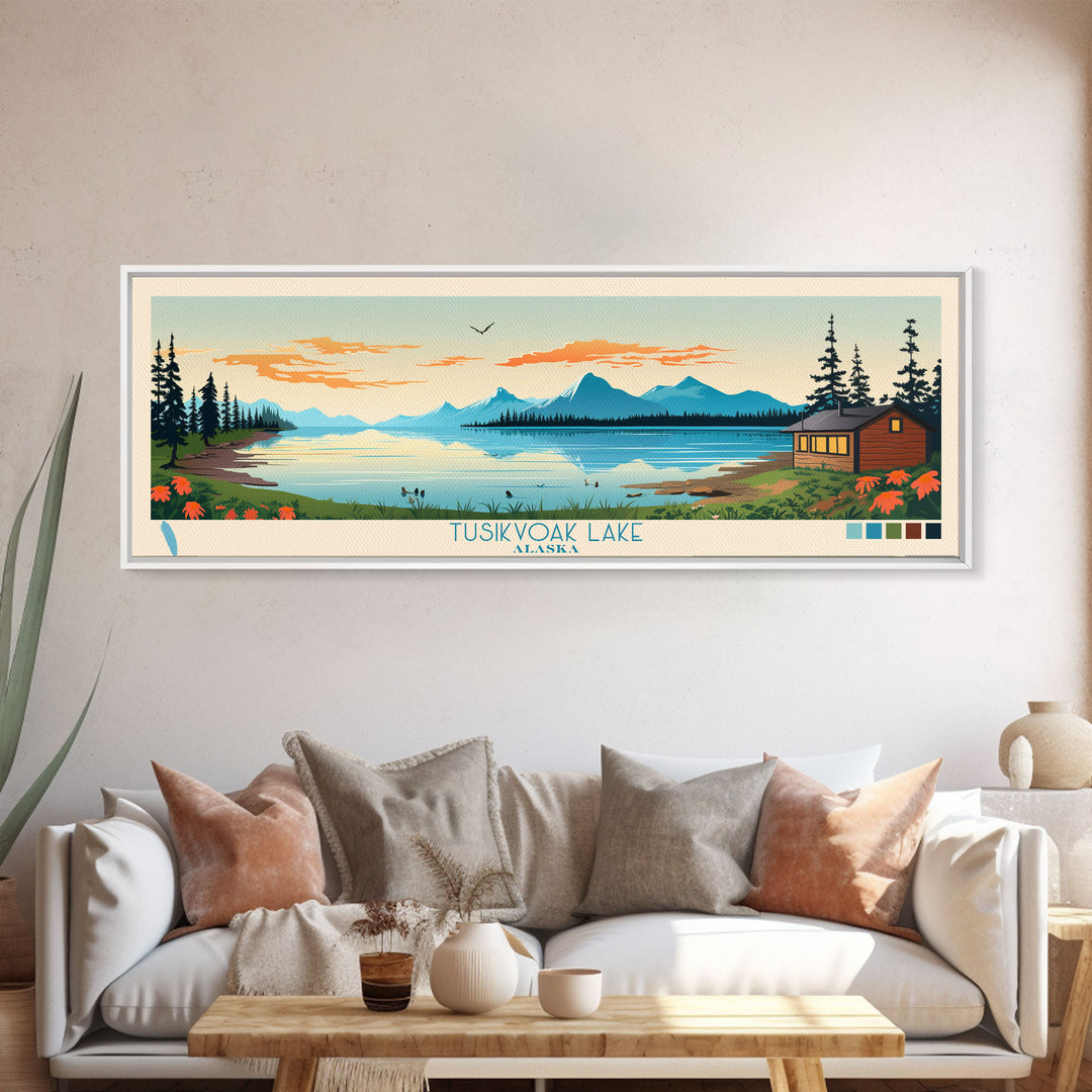 Tusikvoak Lake, Alaska Framed Canvas Print, Lake House Art, Midcentury Modern Decor, Pop Art, Travel Poster, Bedroom Wall Art