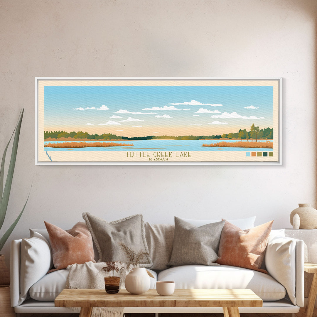 Tuttle Creek Lake, Kansas Framed Canvas Print, Lake House Decor, Midcentury Modern Art, Pop Art, Travel Poster, Living Room Wall Art