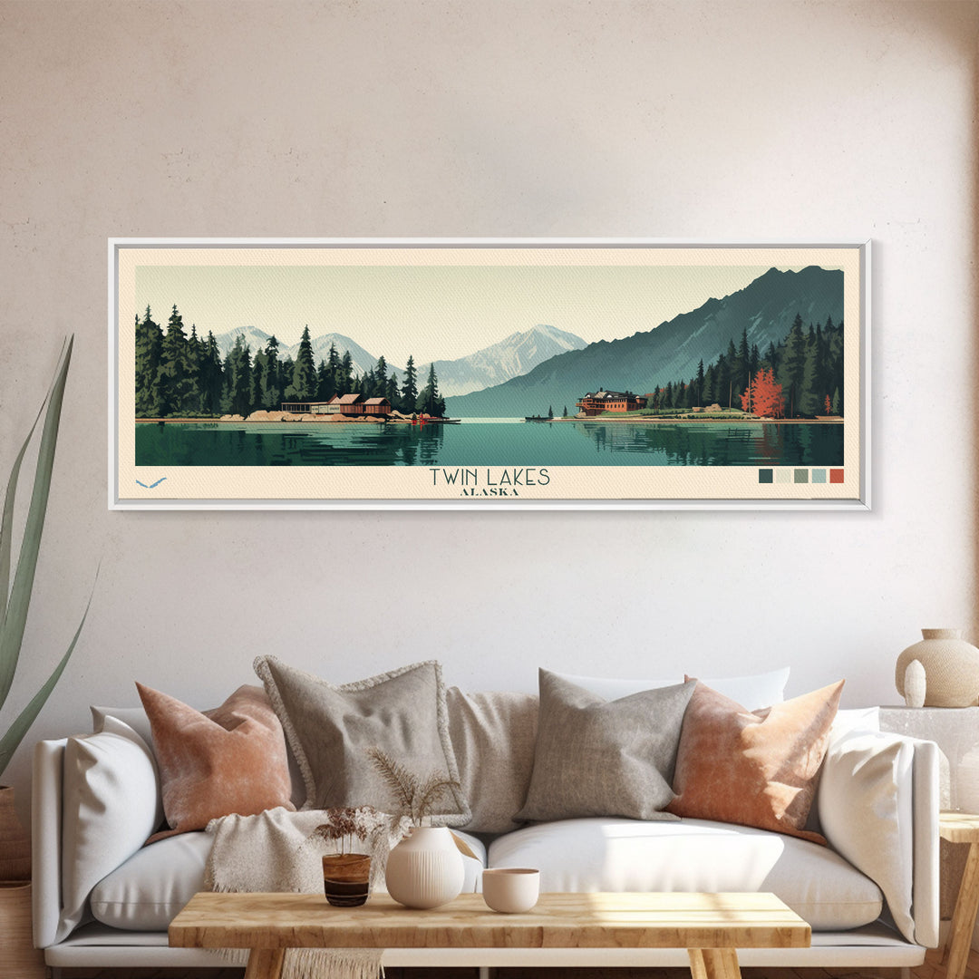 Twin Lakes, Alaska Framed Canvas Print, Lake House Art, Midcentury Modern Decor, Pop Art, Travel Poster, Bedroom Wall Art