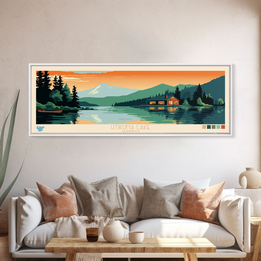 Utikuma Lake, Alberta Framed Canvas Print, Panoramic Lake House Art, Midcentury Modern Decor, Pop Art, Travel Poster, Living Room Wall Art