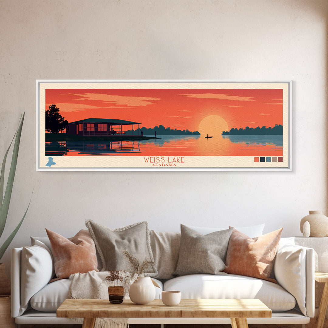 Weiss Lake, Alabama Framed Canvas Print, Panoramic Lake House Art, Midcentury Modern Decor, Pop Art, Travel Poster, Bedroom Wall Art