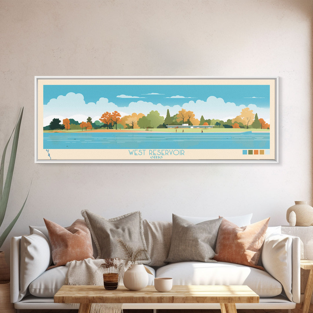 West Reservoir, Ohio Framed Canvas Print, Panoramic Lake House Decor, Midcentury Modern Art, Pop Art, Travel Poster, Living Room Wall Art