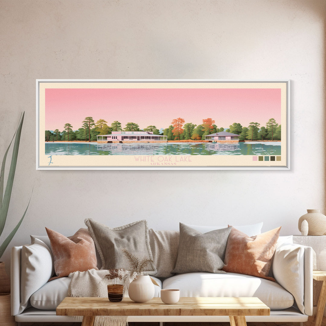 White Oak Lake, Arkansas Framed Canvas Print, Panoramic Lake House Decor, Midcentury Modern Art, Pop Art, Travel Poster, Living Room Wall Art