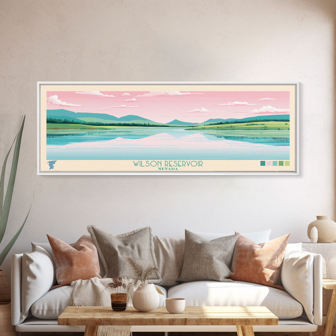 Wilson Reservoir, Nevada Panoramic Framed Canvas Print, Lake House Decor, Midcentury Modern Art, Pop Art, Travel Poster