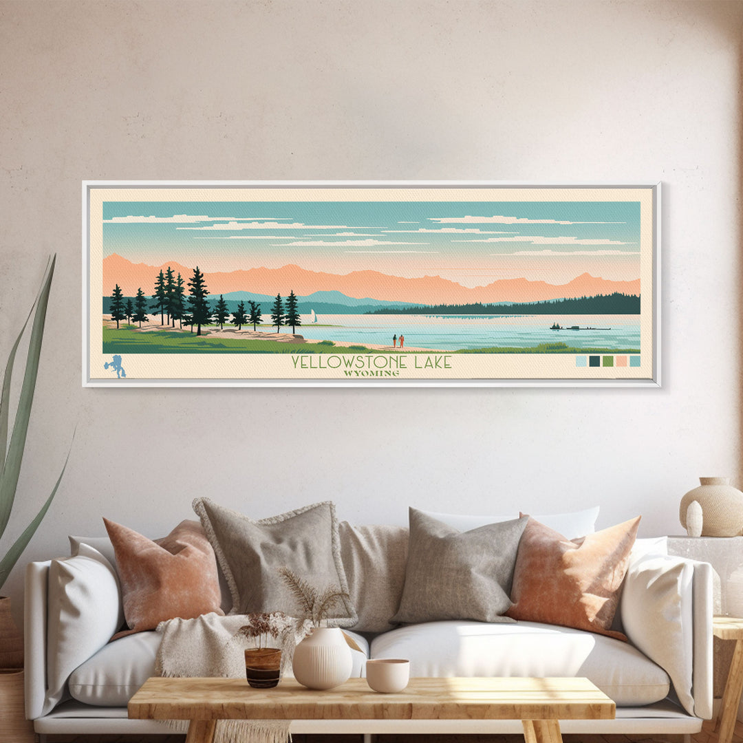 Yellowstone Lake, Wyoming Panoramic Framed Canvas Print, Lake House Art, Midcentury Modern Decor, Pop Art, Travel Poster