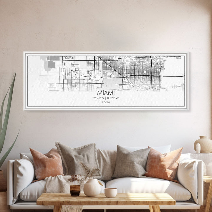 Panoramic Miami City Map, Florida Art, Map Print, Minimalist Wall Art, Canvas Art, Housewarming Gift, Street Map Art, Closing Gift