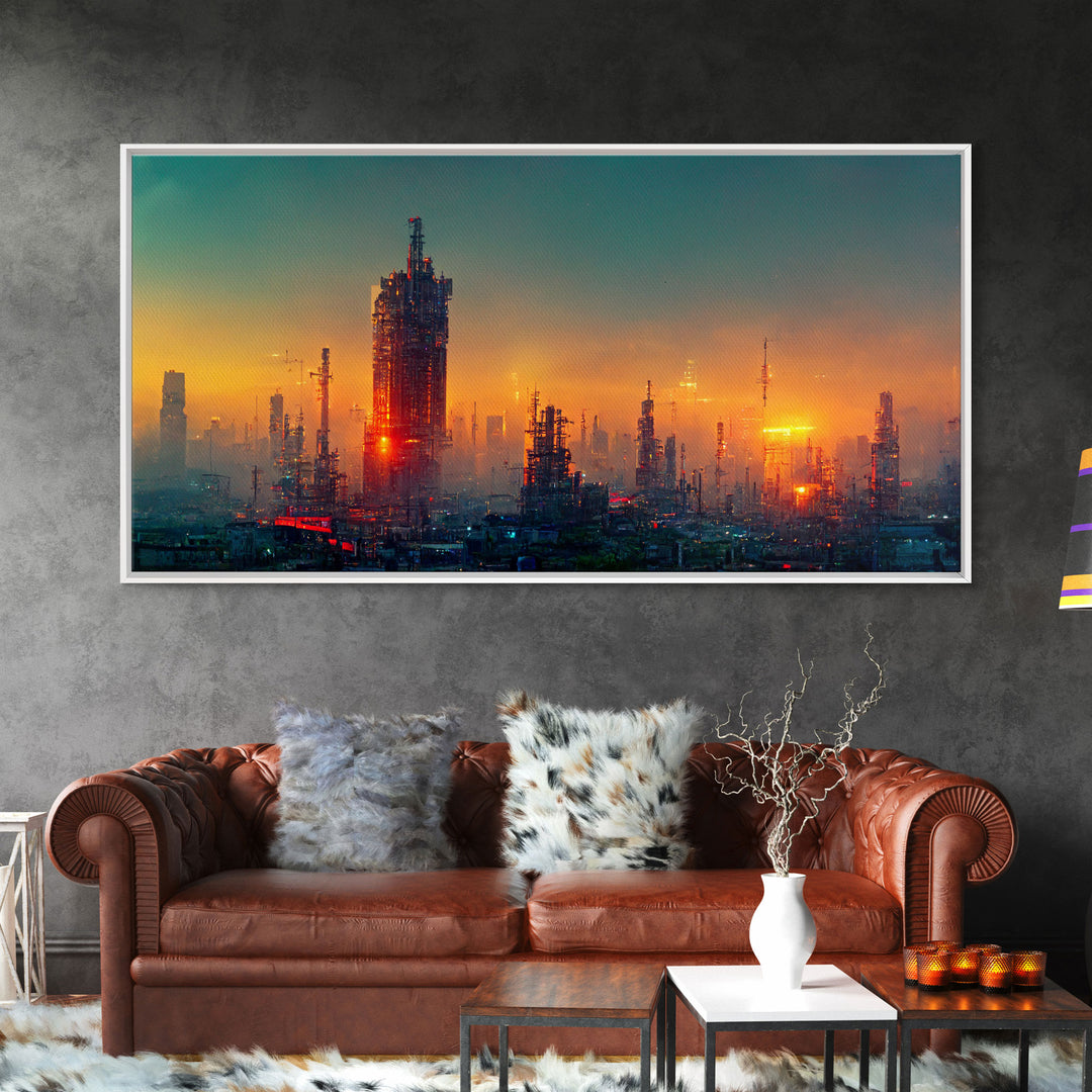 Cyberpunk city canvas art, video game concept art, living room wall art, dystopian art, outrun style city at sunset, man cave wall art