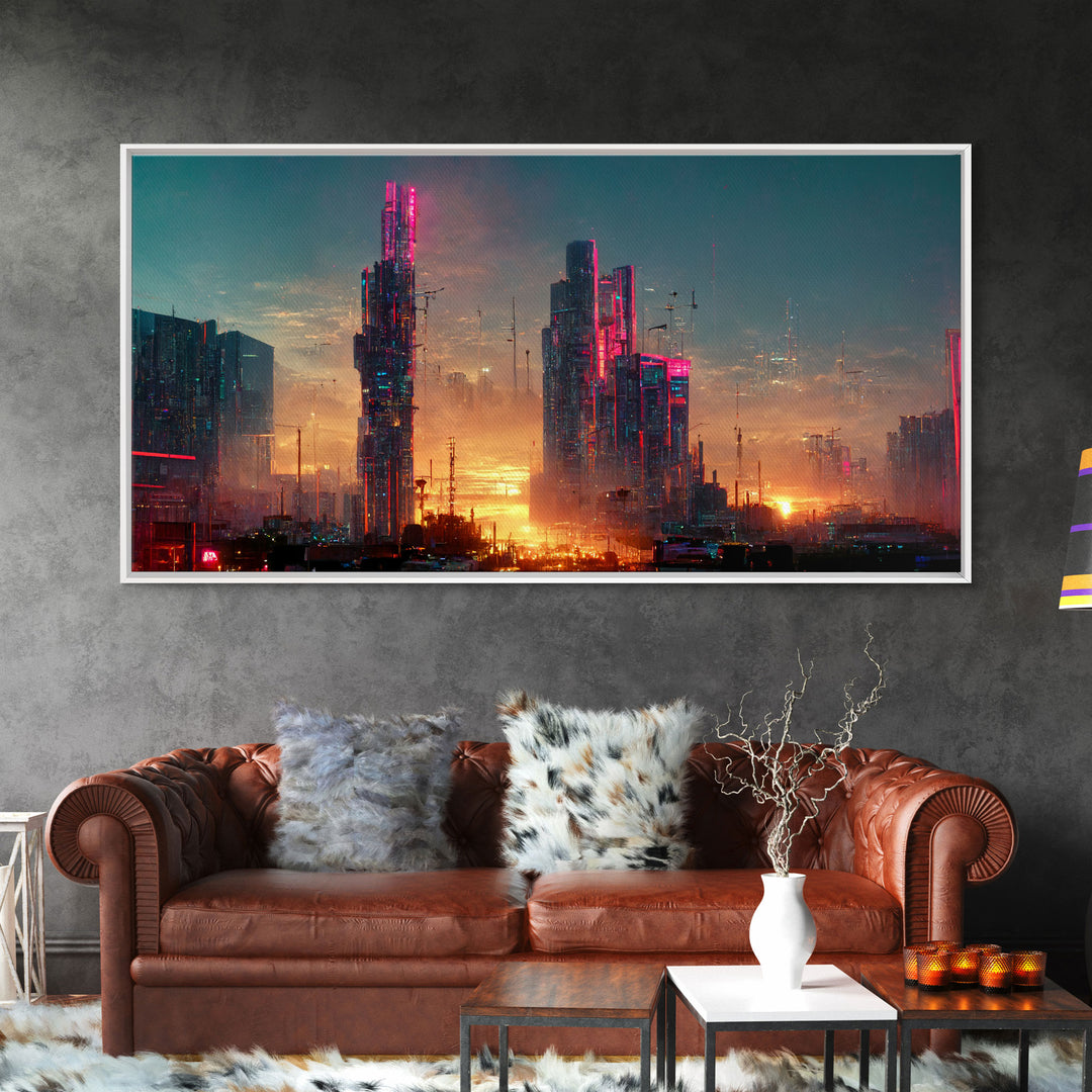 Cyberpunk city canvas, video game concept art, living room wall art, dystopian art, outrun style city at sunset, man cave art canvas print