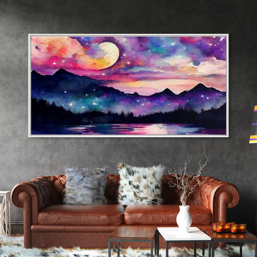 Magical forest canvas print, lake forest & mountains, beautiful wall art for living room, pink and purple wall art