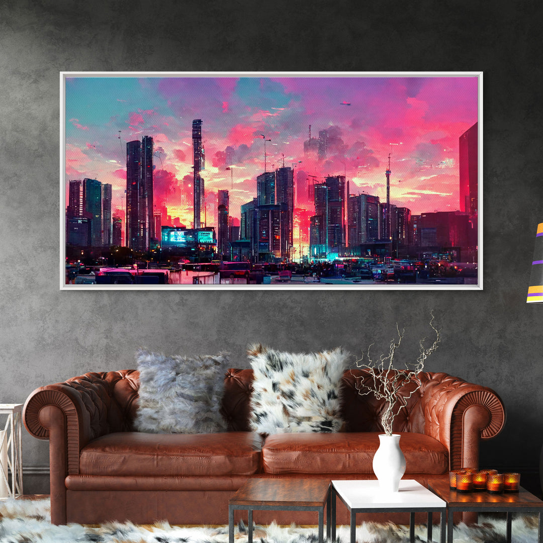 Cyber punk city skyline canvas print, outrun sunset, synthwave, vapor wave, dystopian city at sun set, mancave wall art, video game concept