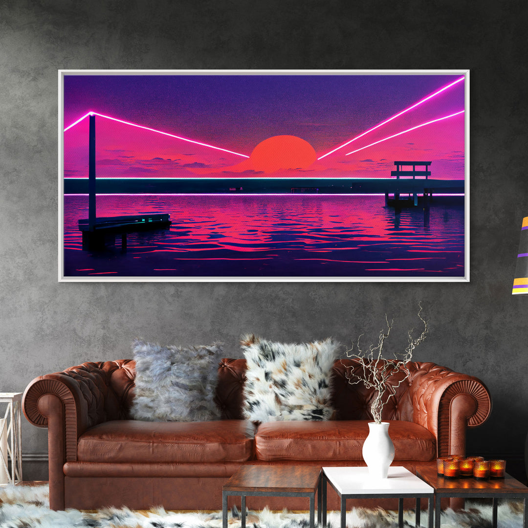 Outrun Style Abstract Wall Art | Framed Canvas Print | Framed Art | Unique Wall Decor | Centerpiece Art | Large Art | Synthwave Retro Art