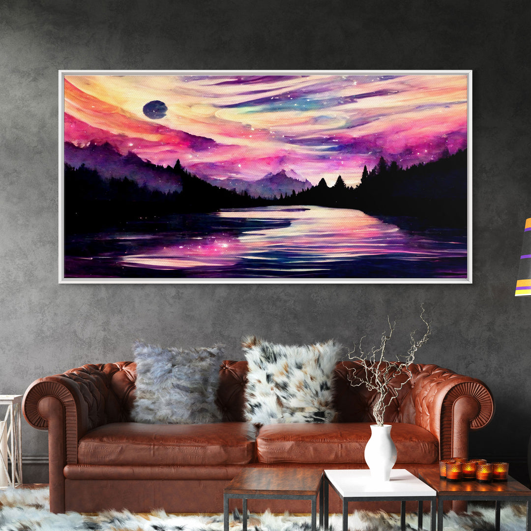 Beautiful lake at night canvas print, purple and pink sunset night sky, wall art canvas, lake front view, guest room, surreal Lakehouse Art