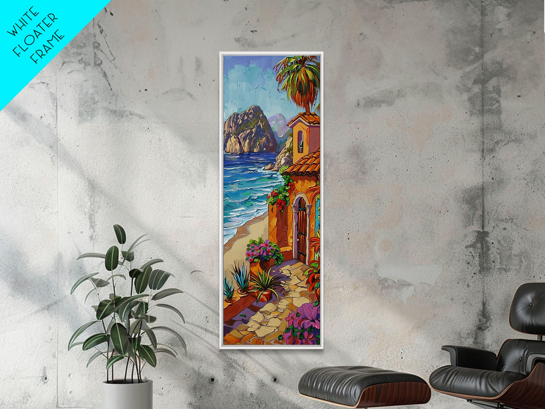 Coastal Printed Canvas Painting Framed, White Framed Wall Art of Hawaii Coast, Housewarming Gift for Her, Tall Narrow Wall Art, Modern Art