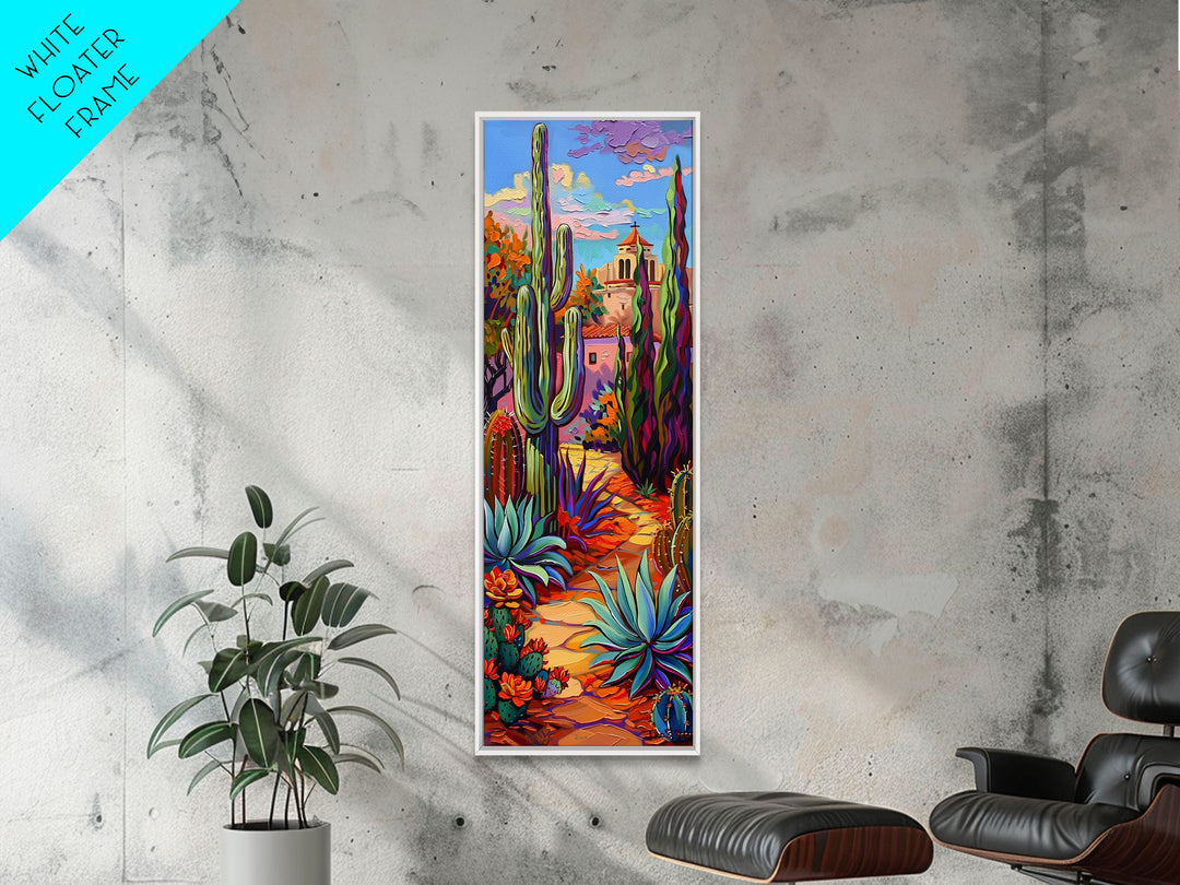 Printed Gouache Style Canvas Painting of Desert Landscape, Framed Narrow Wall Art, Mexican Landscape Art Print, Living Room Art Print