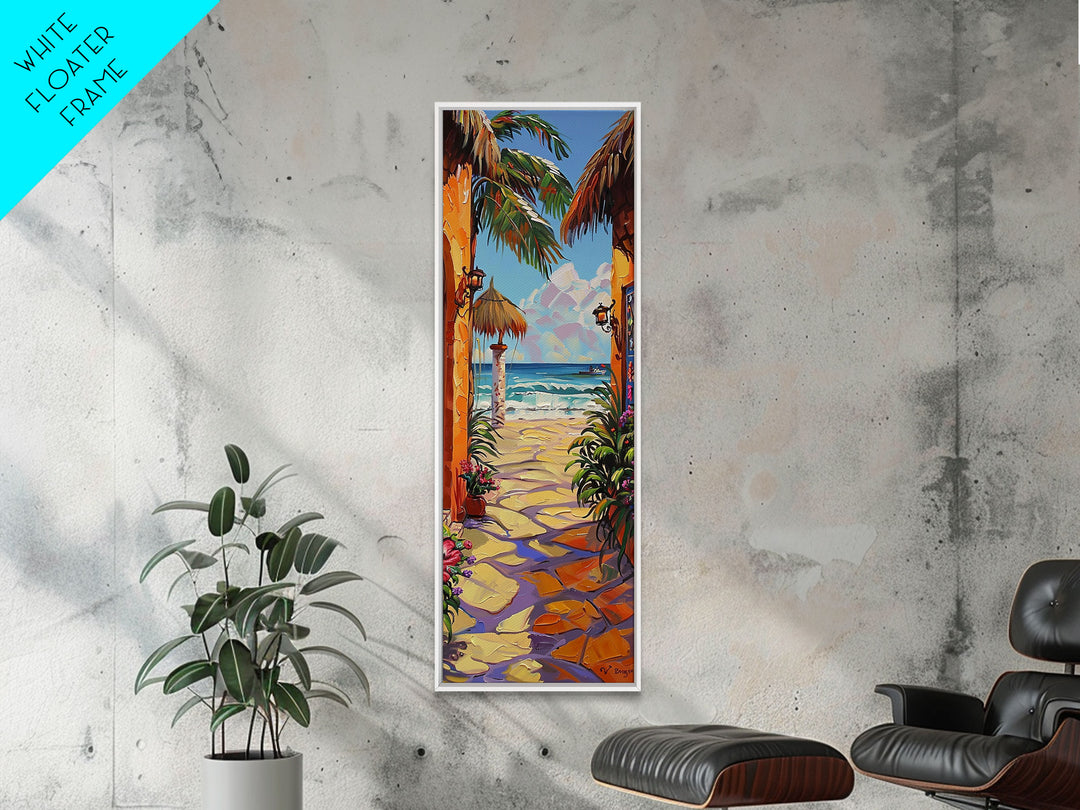 Tall and Narrow Modern Ocean Wall Print Framed on Canvas, Textured Painting of Beach, Contemporary Living Room Wall Art, Colorful Art Print