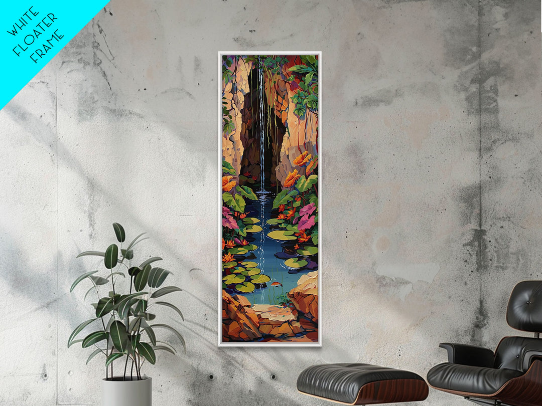 Whimsical Waterfall Canvas Painting Framed and Printed, Contemporary Art Print of Tropical Landscape, Botanical Wall Art Print, Nature Art