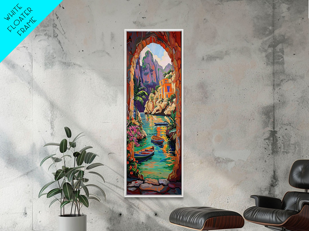 Printed Canvas Painting of Spanish Waterway, Tall Narrow Wall Art Framed and Printed on Canvas, Coastal Art Print for Vacation House Decor