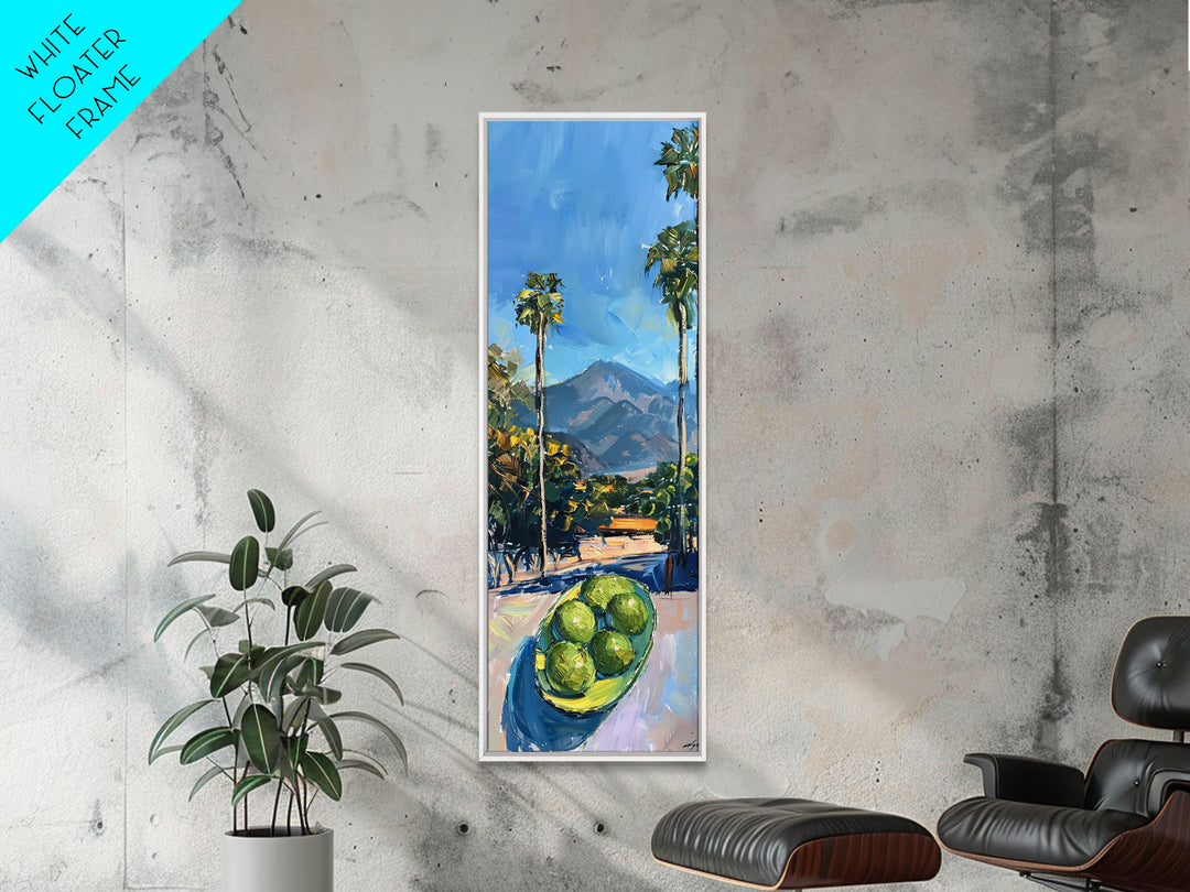 Tall and Narrow Palm Tree California Landscape Art Print Framed on Canvas, Printed Wall Art, Gouache Style Landscape Painting, Mountain Art