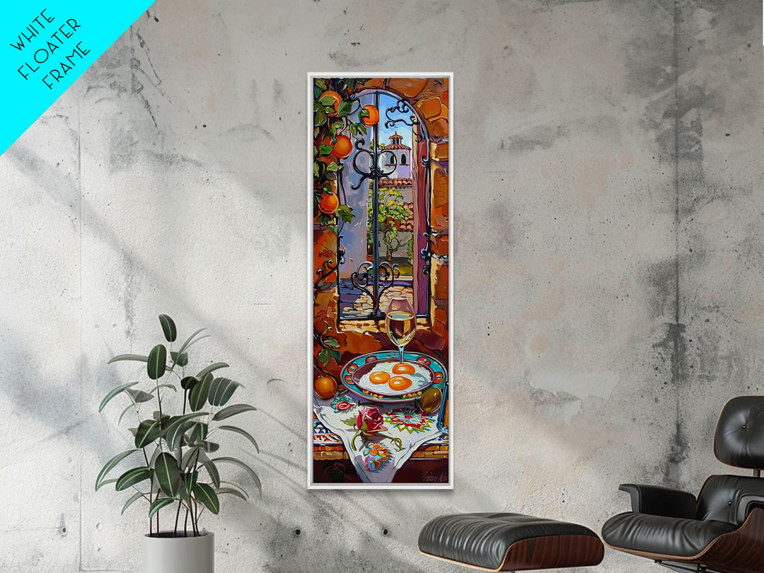 Oversized Mediterranean Style Cafe Painting Framed on Canvas, Whimsical Art, Vertical Wall Art, Spanish Style Cafe Painting, Kitchen Art